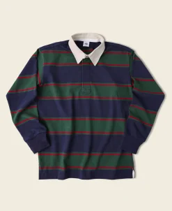 Bronson Mfg Classic Fit Striped Jersey Rugby Shirt - Green/Navy/Red> Long Sleeve T-Shirts