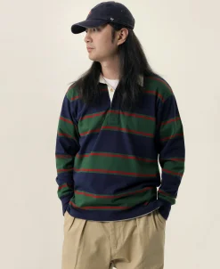 Bronson Mfg Classic Fit Striped Jersey Rugby Shirt - Green/Navy/Red><noscript><img width=